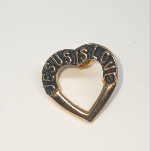 Vintage Jesus is Love Gold Tone Heart Lapel Hat Pinback Religious Jewelry